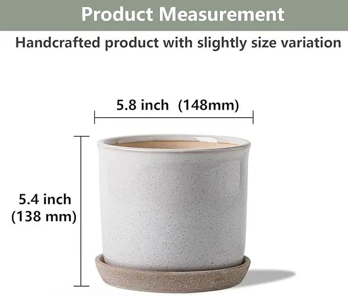 5.8 Inch Plant Pot: Ceramic Planter with Drainage Hole & Saucer - Cylinder Round Flowerpot for Indoor & Outdoor Plants - with Separate Tray for Home & Office - Retro Style, Grey by GreenHaven Gardens