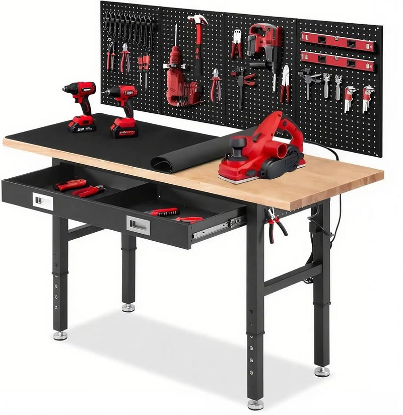 Workbench for Garage 60 x 22 Inch Adjustable Height Work Table with Drawers Heavy Duty Rubberwood Tabletop Work Bench with Pegboard, Power Outlets for Office Home Commercial by GreenHaven Gardens