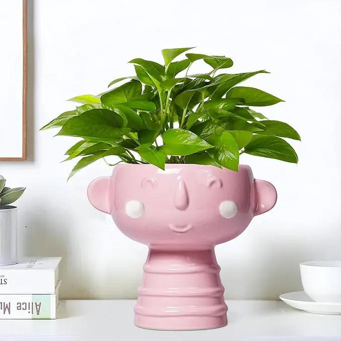 Smiley Face Planter - 7 Inch Ceramic Head Planter for Indoor Outdoor Plants, Cute Succulent Pots with Drainage Hole, Decorative Flower Pots, Home Room Desk Decor, Birthday Gifts, Bright Pink by GreenHaven Gardens
