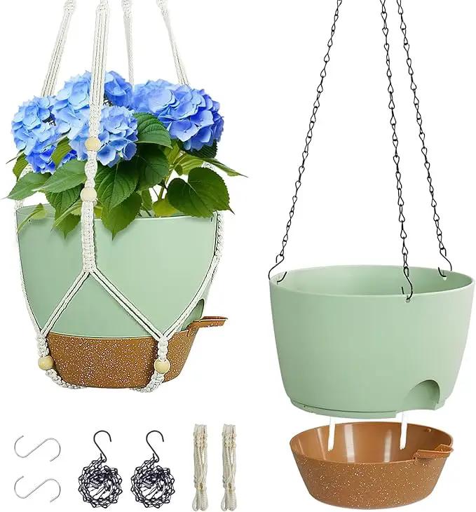 10 inch Self Watering Hanging Planters for Indoor Plants, 2 Pack Hanging Baskets for Outdoor Plants, Hanging Flower Pots with Drainage Holes & 2 Kinds of Plant Hangers for Home Decor, Green by GreenHaven Gardens