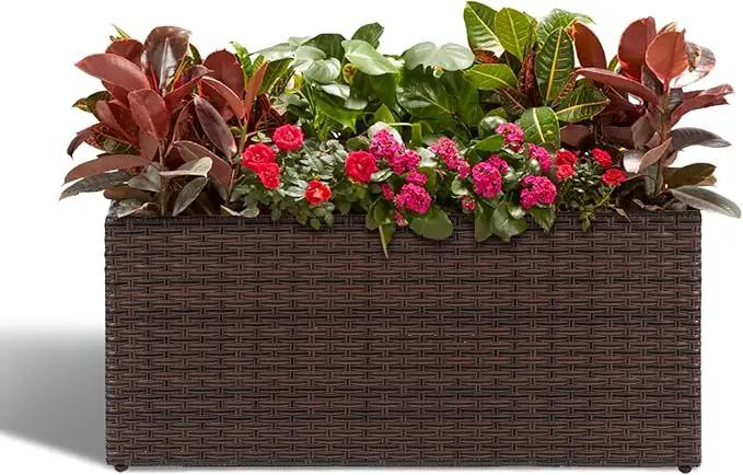 LEWIS&WAYNE Large Rectangular Block Planter Box Handmade Wicker Tall Planters for Outdoor Plants with Removable Liners Modern Planter for Indoor Outdoor Patio Deck - Brown, 30''x12''x16'' by GreenHaven Gardens