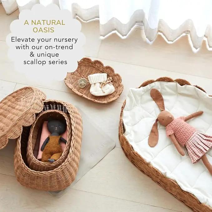 BEBE BASK Premium Baby Changing Basket - Artisan-Crafted Scalloped Rattan - Changing Basket for Baby Dresser - All Accessories Included - Complete Set for Nursery (Mocca)