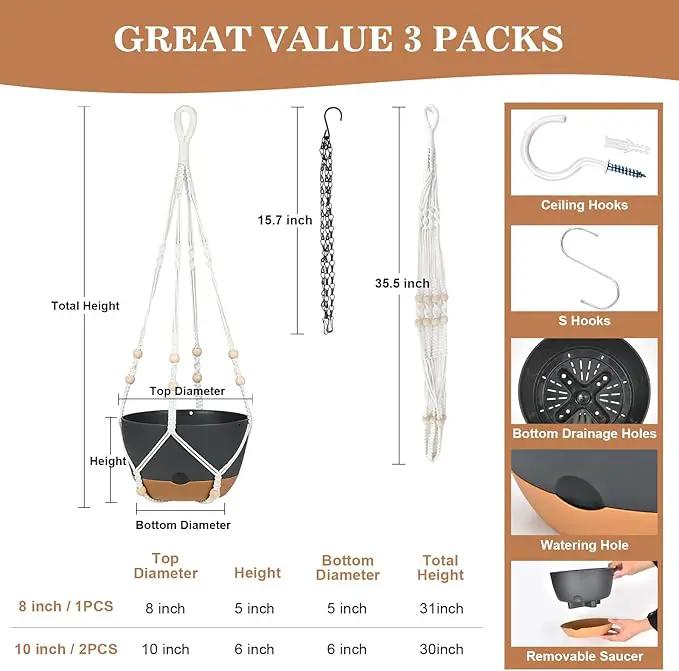 3 Pack Hanging Planters Set, 10 + 10 + 8 Inch Self-Watering Hanging Plant Pot, Macrame Plant Hanger with Pot, Ceiling Hooks, Removable Saucer and Drainage Holes for Indoor, Outdoor Plants - Black by GreenHaven Gardens