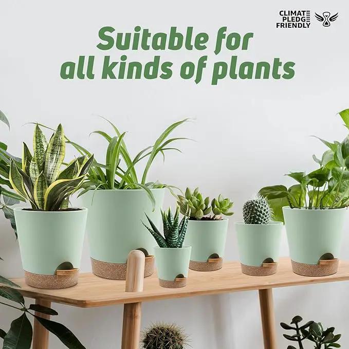 Indoor Self Watering Planters with Drainage Holes and Saucers, 8, 7, 6.5, 6, 5.5, 5 Inches, Green, 6 Pots by GreenHaven Gardens