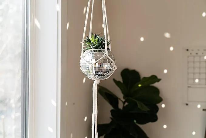 Hanging Disco Ball Planter 8" - with Acrylic Stand and Macrame Plant Hanger - Home Décor, Room Décor, Mirror Disco Planter, Disco Decor (6" with White Hanger, Flat Base) by GreenHaven Gardens