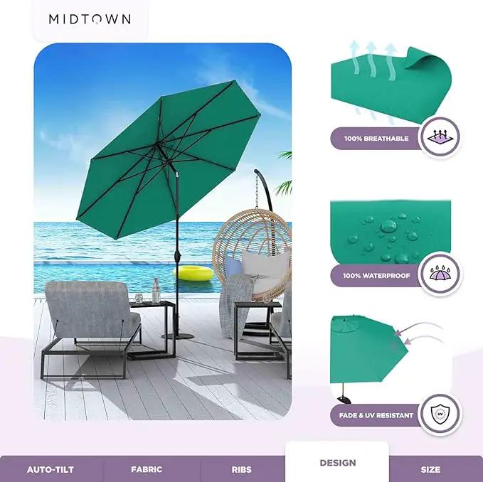 Midtown Umbrellas Sunbrella Umbrella 9 Feet Outdoor Umbrella With Canvas Teal Acrylic Fabric - Auto-Tilt Aluminum Frame Patio Umbrella For Backyard, Deck, Garden, Pool - Black Pole by GreenHaven Gardens