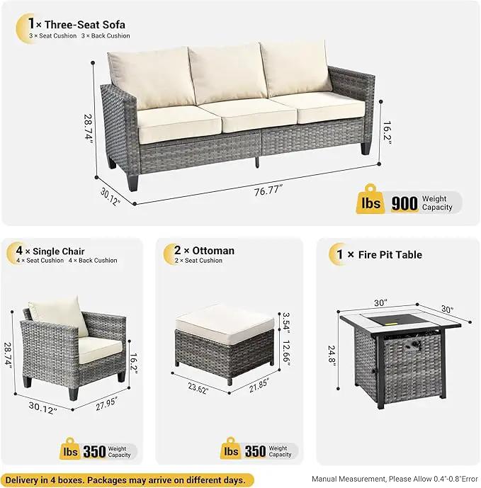 ovios 8 Pieces Patio Furniture Set with 30" Fire Pit Table, Outdoor Wicker Sofa with Comfy Cushions, All Weather High Back Rattan Couch Conversation Set, Beige by GreenHaven Gardens