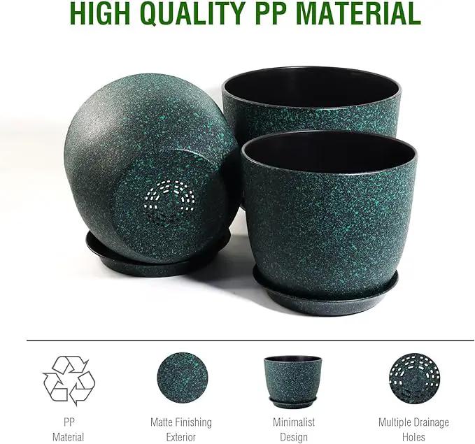 Plant Pots 9/8/7.5inch, Set of 3 Modern Decorative Plastic Planters with Drainage Holes and Saucer for Garden House Plants, Flower Pots for Indoor Outdoor Plants, Black with Green Speckles by GreenHaven Gardens