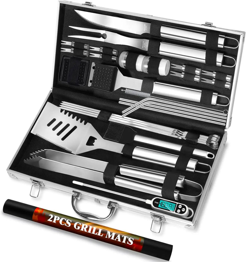 ROMANTICIST 30pcs Stainless Steel Grill Tool Set, Heavy Duty BBQ Grilling Accessories for Men Women, Non-Slip Grill Utensils Kit with Thermometer Mats in Aluminum Case for Fathers Day Silver by GreenHaven Gardens