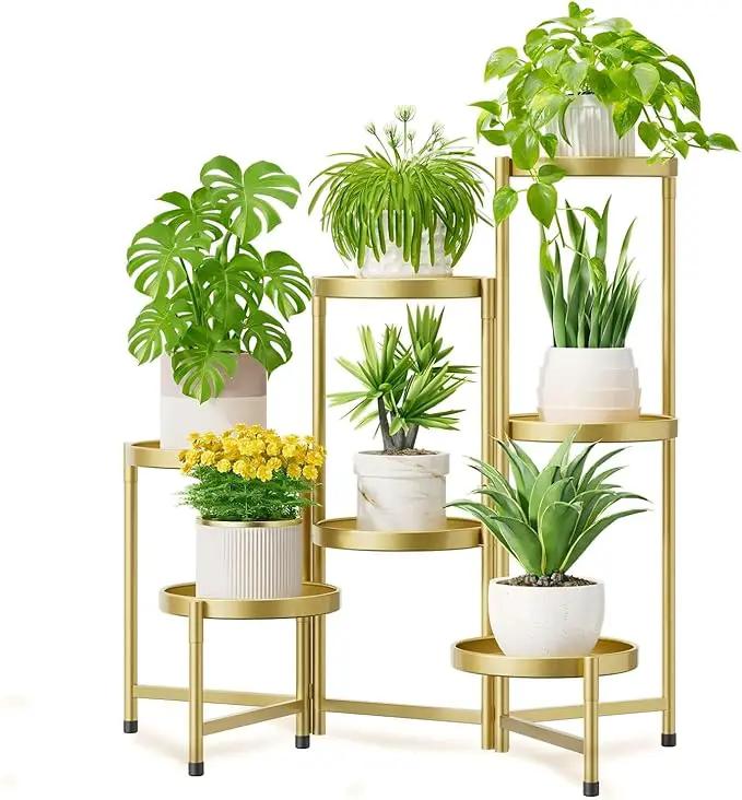 iDavosic.ly 7 Tier Large Plant Stand Indoor, 10 Inch Wide Tall Corner Metal Plant Stands Outdoor for Multiple Plants, Folding Tiered Flower Display Holder Rack Shelf, Gold by GreenHaven Gardens