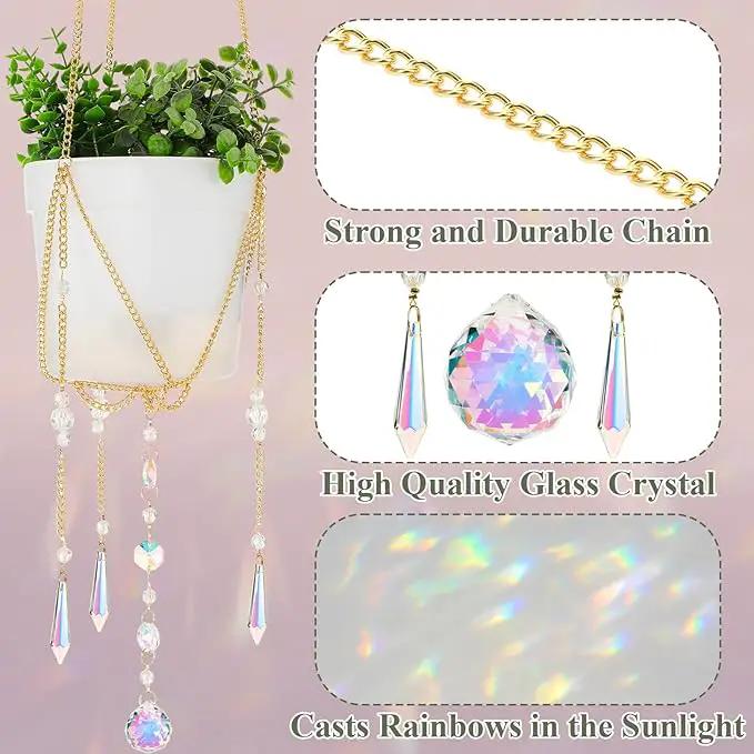Chunful 3 Pack Sun Catcher Plant Hanger with Beads and Glass Crystal Beaded Plant Hanger Sun Catchers Kit Hanging Basket Accessories for Indoor Home Rainbow Decor, Pots Not Included(Gold) by GreenHaven Gardens