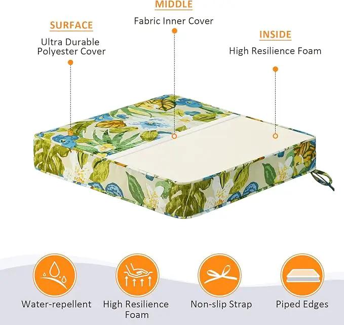 Square Corner Seat Cushions, 19" x 19" x 3", Set of 4, Indoor Outdoor Water Repellent Universal Chair Pads with Ties for Patio Furniture, Garden Dining Chairs, Blue Flower by GreenHaven Gardens