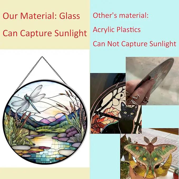River and Dragonfly Pattern Suncatcher Stained Glass,Hanging Stained Glass for Windows,20cm/7.87inch Hand-Painted Sun Catcher Garden Hangings Painted Glass Panel Decor Themed Gift by GreenHaven Gardens