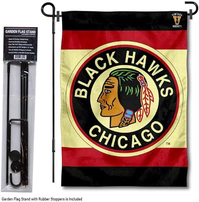 WinCraft Chicago Blackhawks Vintage Retro Garden Flag with Pole Stand Holder by GreenHaven Gardens