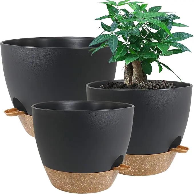 Large Self Watering Pots, 12/10/9 Plastic Planters with High Drainage Holes and Deep Reservoir for Indoor Outdoor Garden Plants and Flowers, Black with Brown by GreenHaven Gardens