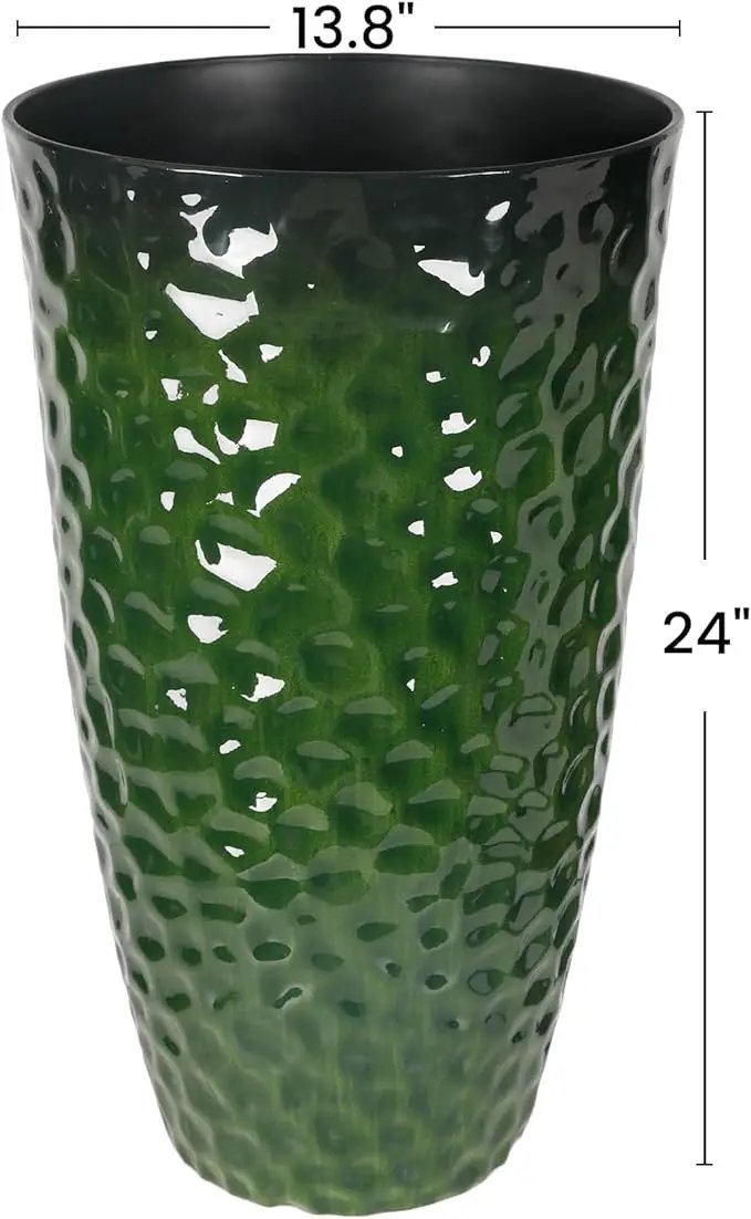 Worth Garden 14" Dia x 24" H Large Plastic Planters with Drainage Hole, Set of 2 Hammered Texture Green Glossy Smooth Finish, Tall Round Decorative Flower Plant Pot for Indoor Outdoor, Front Porch by GreenHaven Gardens