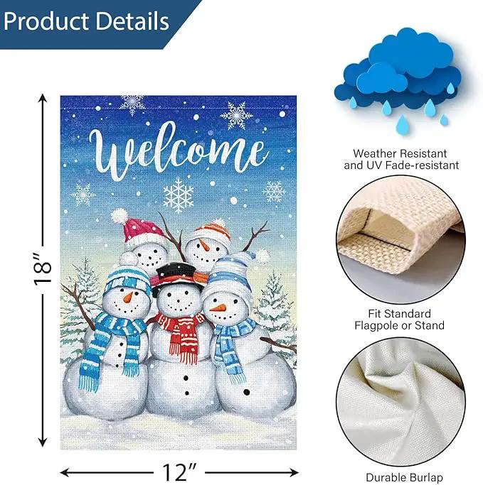 Welcome Winter Garden Flag Double Sided Sonwman 12x18 Inch Small Burlap Welcome Holiday Yard Outdoor Outside House Decoration by GreenHaven Gardens