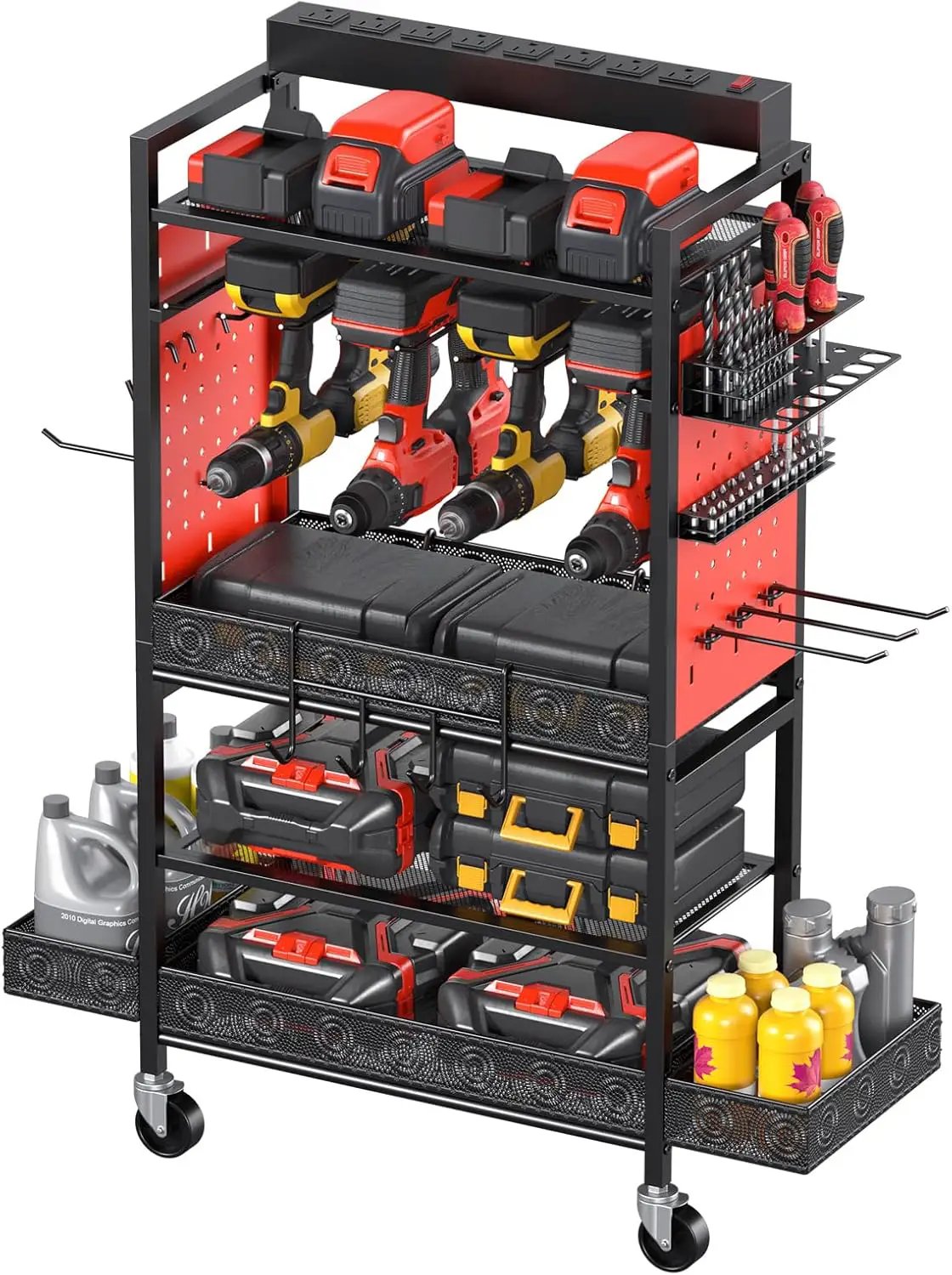 CCCEI Garage Power Tools Organizer Cart with Charging Station, Red Floor Standing Rolling Drill and Tools Battery Storage Cart on Wheels. Utility Rack Gift for Men, Husband, Father. by GreenHaven Gardens