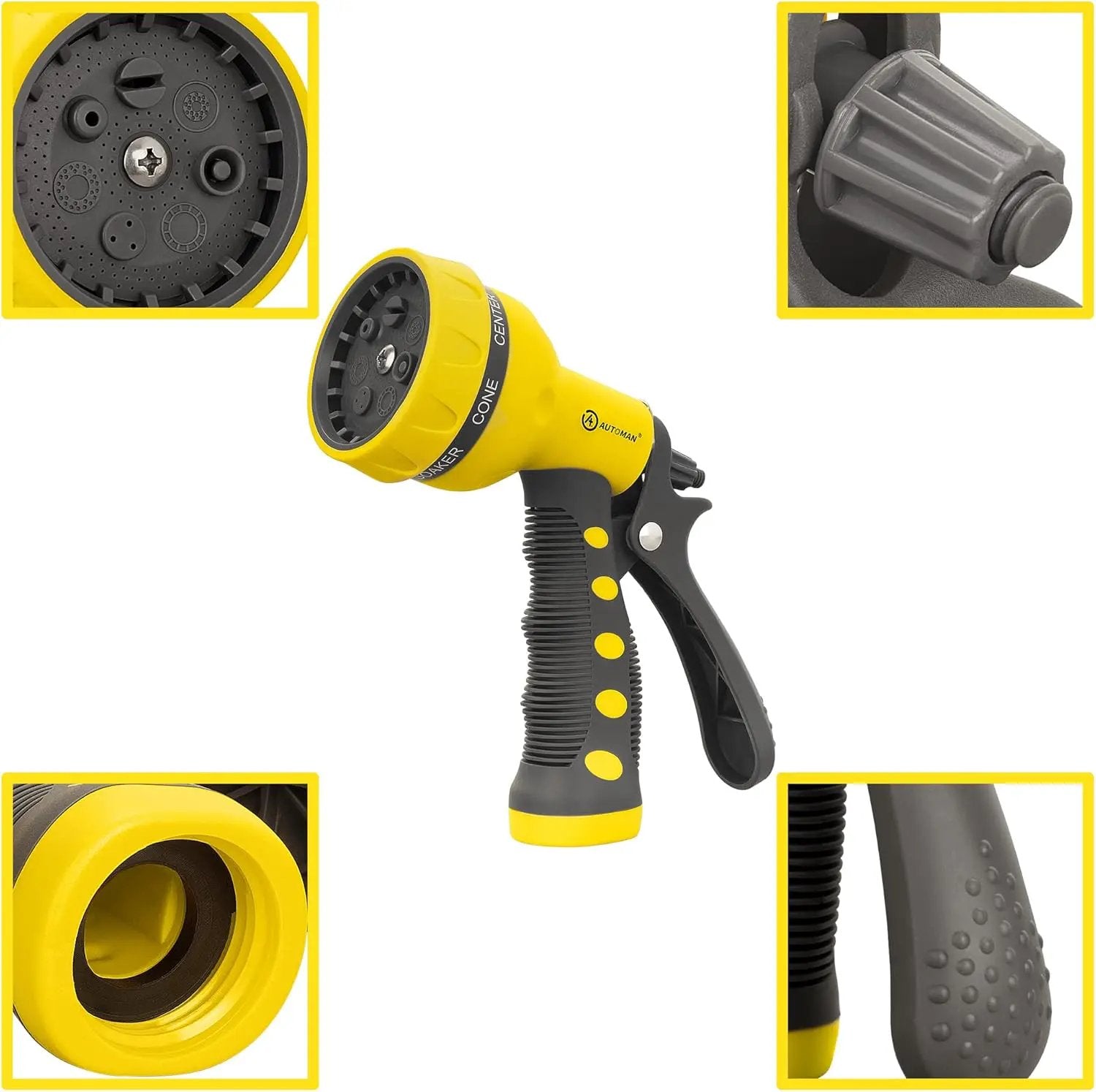 AUTOMAN-Garden-Hose-Nozzle,ABS Water Spray Nozzle with Heavy Duty 7 Adjustable Watering Patterns,Slip Resistant for Watering Plants,Lawn& Garden,Washing Cars,Cleaning,Showering Pets - Yellow by GreenHaven Gardens