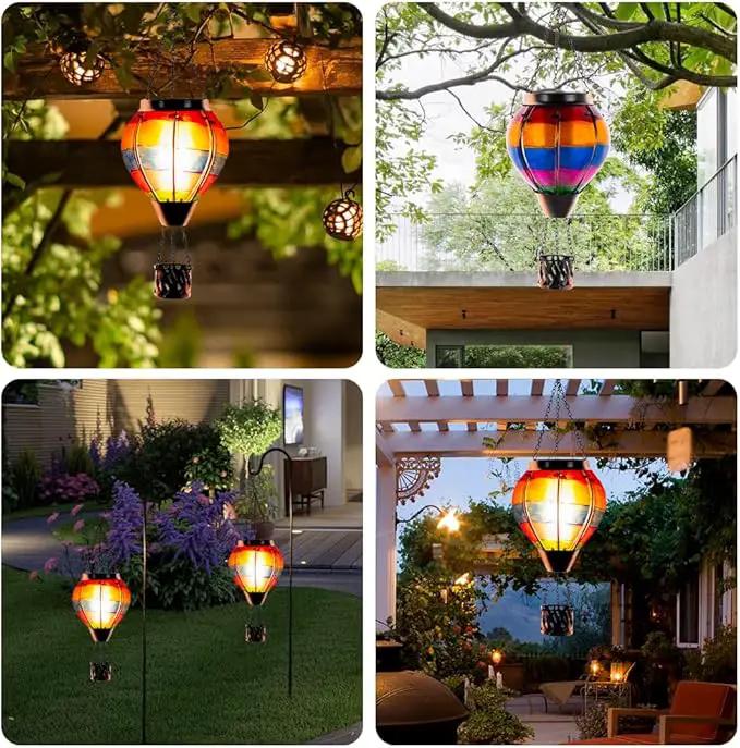 Unique Hot Air Balloon Solar Lantern with Flickering Flame, Handmade Glass Hanging Outdoor Lantern Waterproof Lantern Lamp for Patio, Garden, Porch by GreenHaven Gardens