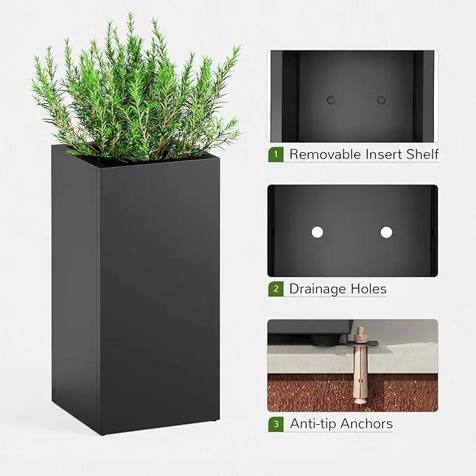 Stoog 30" Tall Planters for Outdoor Plants, All-Weather Metal Planter Boxes Set of 2, with Removable Insert Shelf, Modern Design, Indoor/Outdoor Use, Black by GreenHaven Gardens