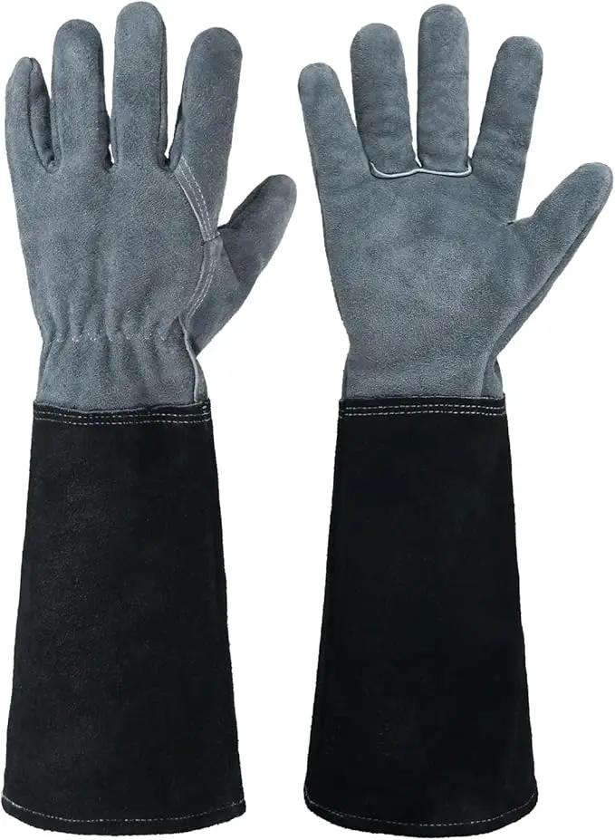 HANDLANDY Long Gardening Gloves for Men & Women, Cowhide Leather Rose Pruning Gloves, Breathable Thorn Proof Gauntlet Glove (Dark Grey-Black, M) by GreenHaven Gardens