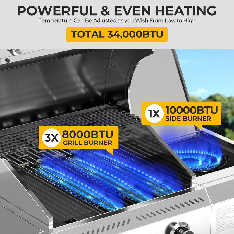 3-Burner Propane Gas Grill with Side Burner – 34,000 BTU Stainless Steel Outdoor BBQ Grill, Cast Iron Grates, Portable with Wheels for Patio, Camping by GreenHaven Gardens