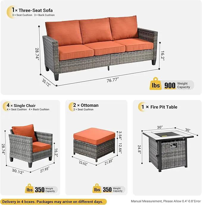 ovios 8 Pieces Patio Furniture Set with 30" Fire Pit Table, Outdoor Wicker Sofa with Comfy Cushions, All Weather High Back Rattan Couch Conversation Set, Orange Red by GreenHaven Gardens