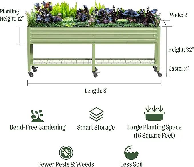 Rolling Elevated Raised Garden Bed-V Series, 2' x 8' Garden Beds with Legs & Storage Rack for Patio & Porch, 1400 Lbs Weight Capacity, Outdoor Planter Box for Vegetables Flower Herbs, Modern Gray by GreenHaven Gardens
