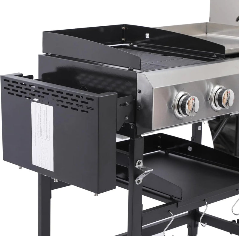 4-Burner Propane Gas BBQ Grill with SS Plancha, 38,200 BTU Output, Wire Enamel Cooking Grids, Foldable Side Table and Hanging Basket, Heavy-Duty Stainless Steel Grill by GreenHaven Gardens