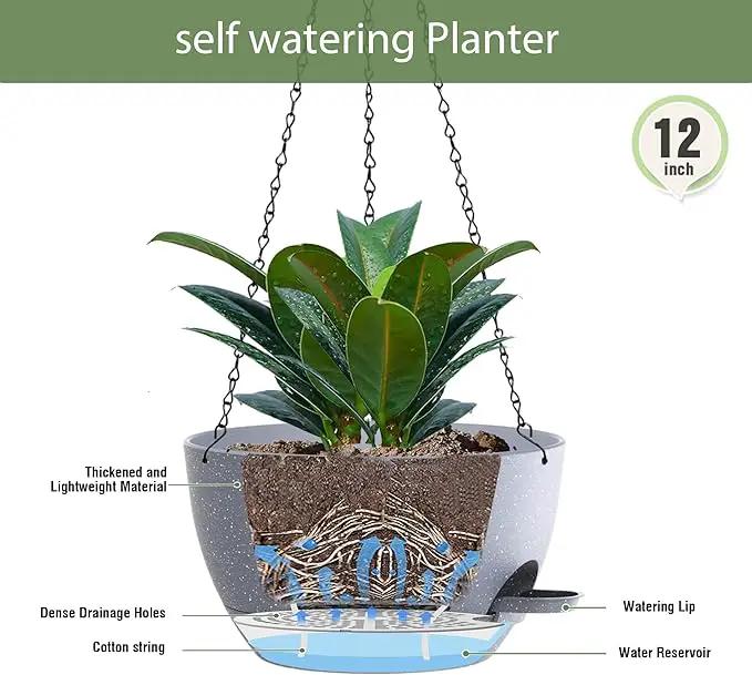 12 Inch Hanging Baskets 2 PC with Chains, Self-Watering Hanging Planters for Indoor Outdoor Plants, Plastic Hanging Flower Pots,Speckled Grey by GreenHaven Gardens