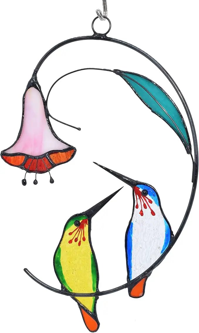 Lolitarcrafts Hummingbird with Flower Stained Glass Suncatcher Bird Stained Glass Window Hangings Hummingbird Gift for Home Decor (Green and Blue) by GreenHaven Gardens