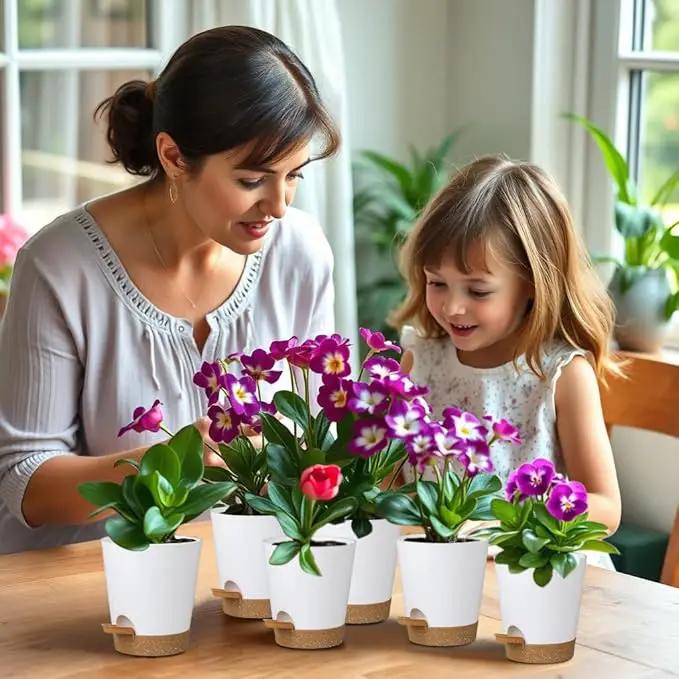 12 Pack 4 Inch Self Watering Plant Pots with Drainage and Saucers，Plastic Flower Pots for Indoor and Outdoor Plants, Nursery Planters for Houseplants and Herbs White Brown, 4 inch 12pcs by GreenHaven Gardens