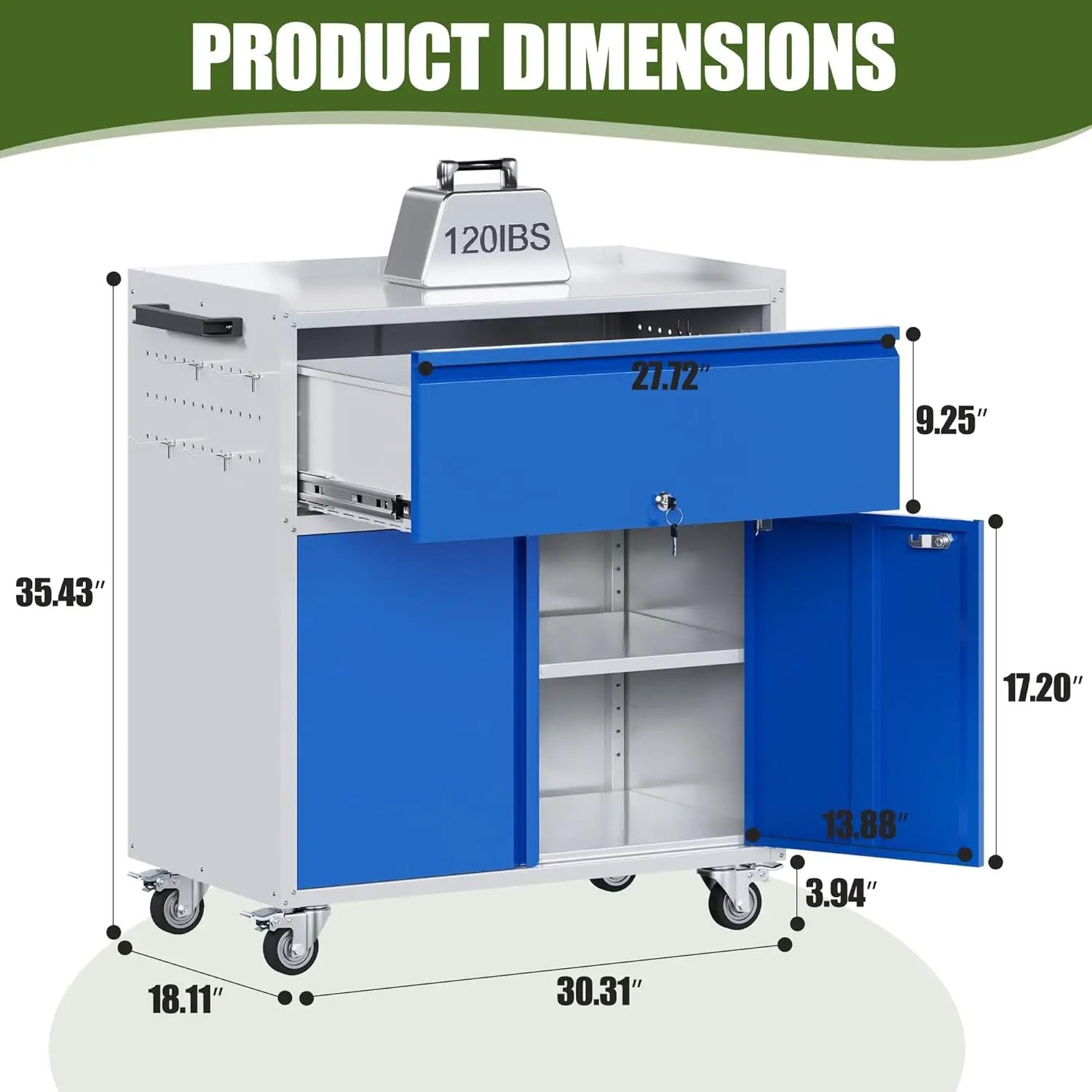 Metal Storage Cabinet on Wheels with 1 Drawer, Rolling Steel Garage Tools Cabinet with Side Pegboard &4 Hooks & 1 Adjustable Shelf for Garage,Shop,Home, Blue/Gray, Assembly Required by GreenHaven Gardens