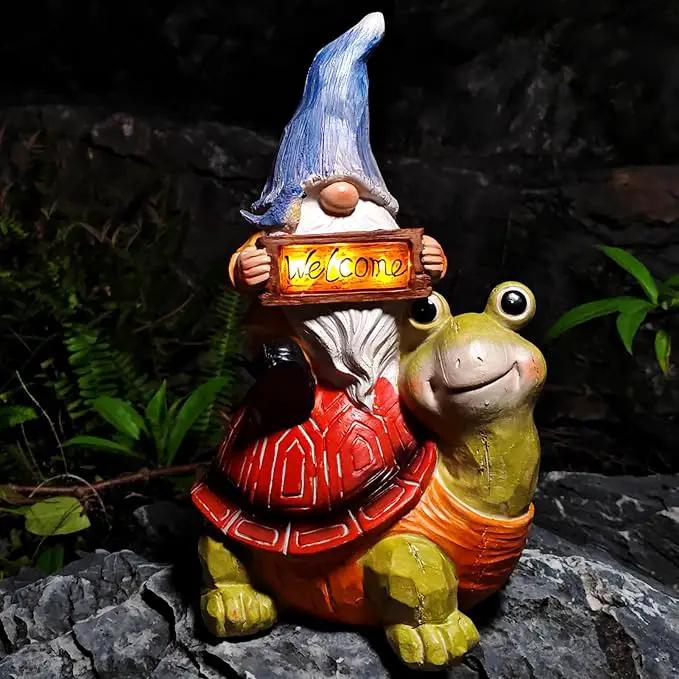Welcome Solar Gnome Clearance Riding Turtle Statue for Garden Decor - Solar Outdoor Christmas Statue Sculpture Home and Garden Decor for Patio,Yard,Balcony Ornament,Turtle Figurine Light Gifts by GreenHaven Gardens