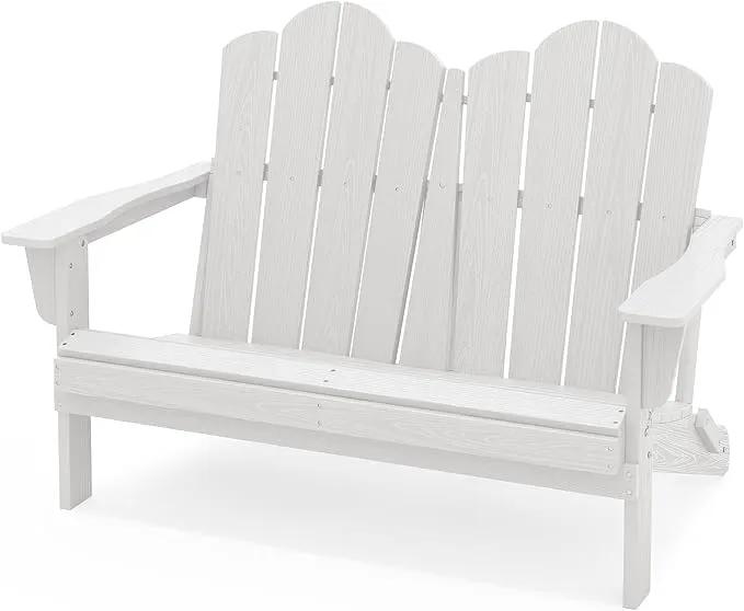 SERWALL Folding Adirondack Bench, HDPE All-Weather Adirondack Loveseat, 660 lbs Capacity, Foldable Outdoor Patio Bench for Deck, Lawn, Garden, White by GreenHaven Gardens