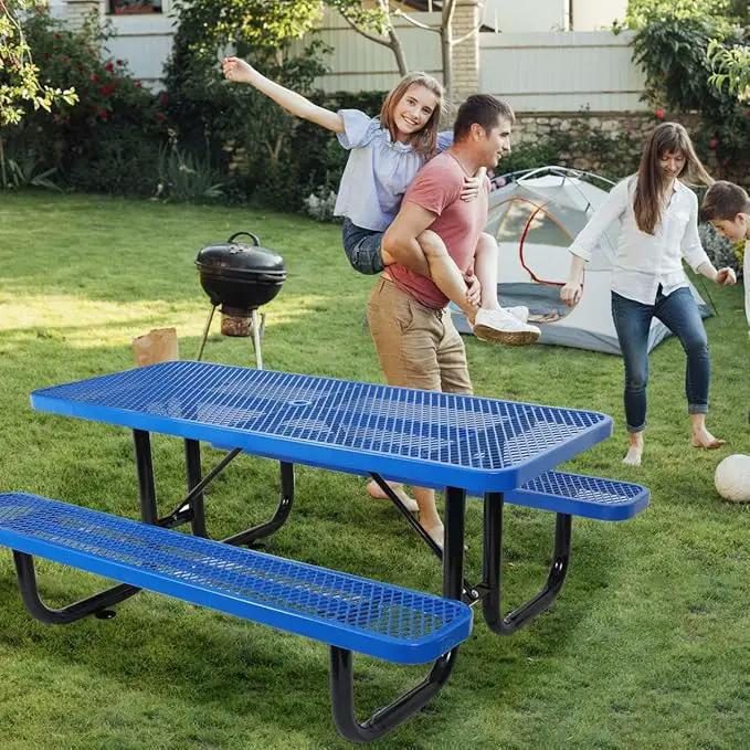 6 ft. Rectangular Outdoor Steel Picnic Table with Umbrella Pole, Heavy-Duty Weather-Resistant Dining Table for Patio, Backyard, and Garden, Rust-Resistant Finish, Blue by GreenHaven Gardens