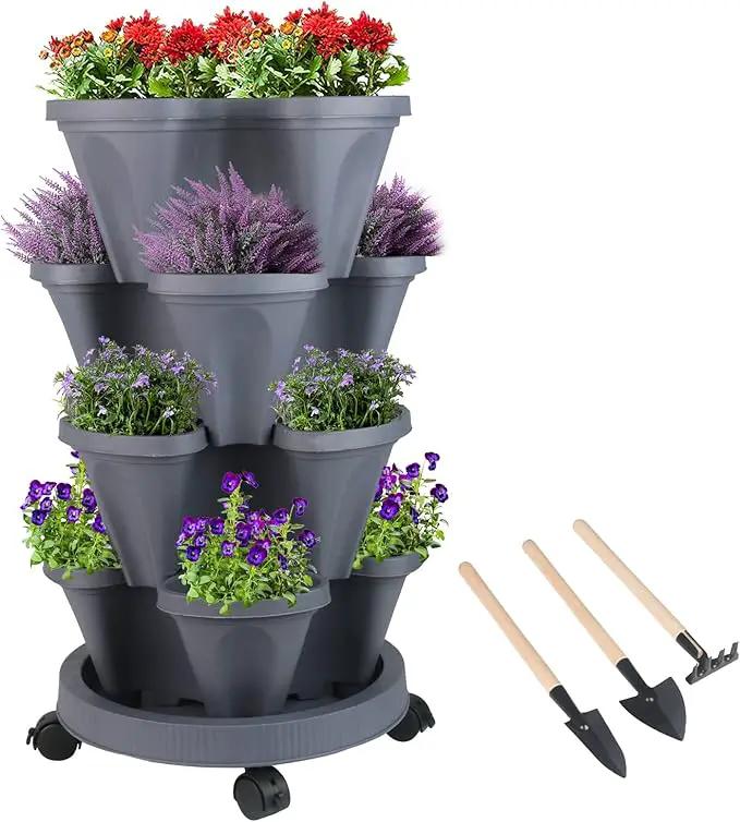 Vertical Planter 4 Tier Stackable Planters Garden Planters Strawberry Herb Flower and Vegetable Planter Indoor Outdoor Gardening Pots with Removable Wheels and Tools by GreenHaven Gardens