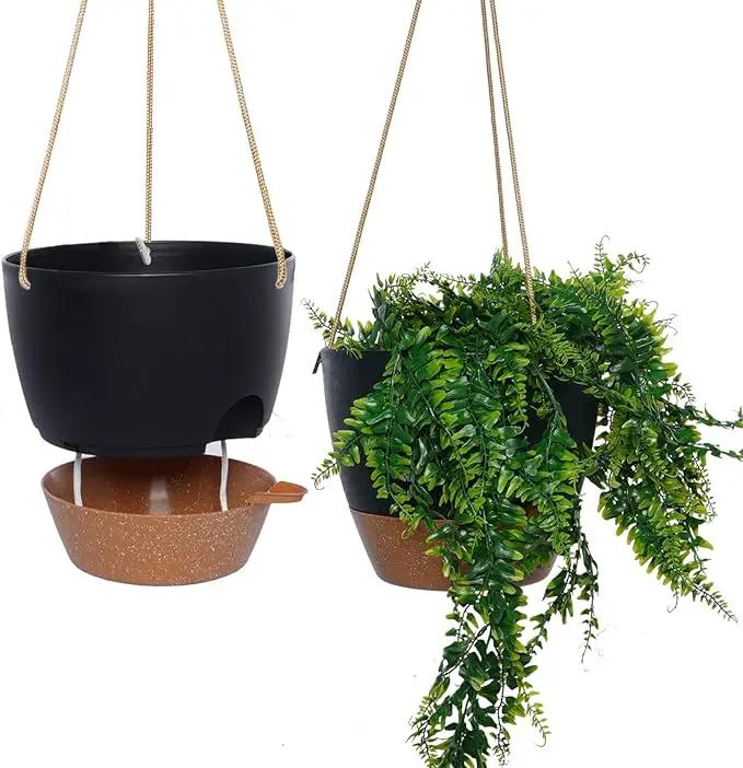 10 Inch Self Watering Hanging Pots, 2 Pack Hanging Planters with 40oZ Deep Reservior for Indoor Outdoor Plants Flowers, Black with Brown by GreenHaven Gardens