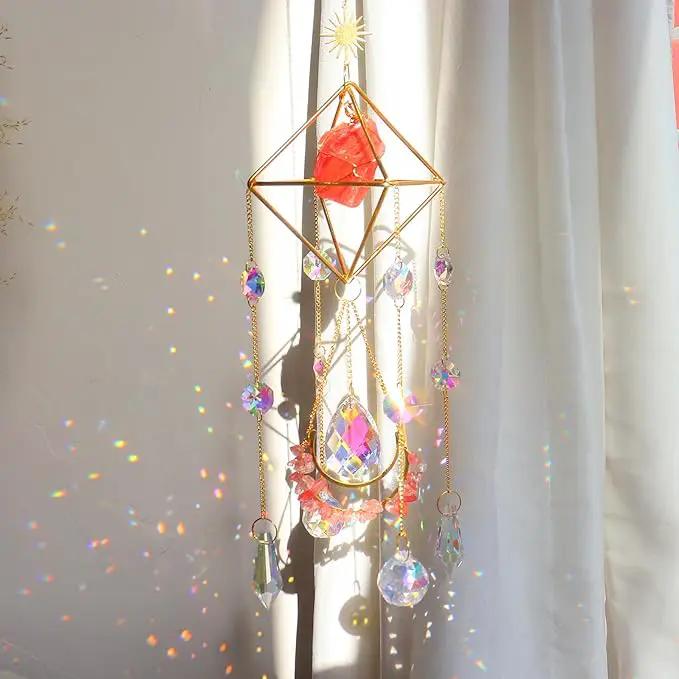 Healing Crystal Suncatchers Hanging Wind Chime Style Garden Suncatcher Rainbow Maker Gold Plated Sun Catcher Decor for Home Indoor Outdoor Gift (RED) by GreenHaven Gardens