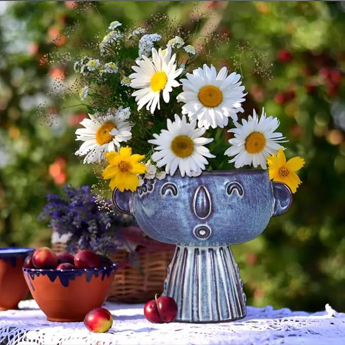 Planter, Ceramic Cute Face Flower Pot Head, Indoor Outdoor, Drainage Hole, 7x5x6 inches, Light Blue by GreenHaven Gardens