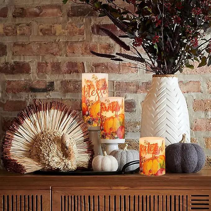 Thanksgiving Blessings LED Candles Pumpkin Glitter Desgin Real Wax Flickering Flameless Fall Harvest Battery Operated with Remote Timer 6H for House Warming Gifts New Home Table Tary Decor by GreenHaven Gardens