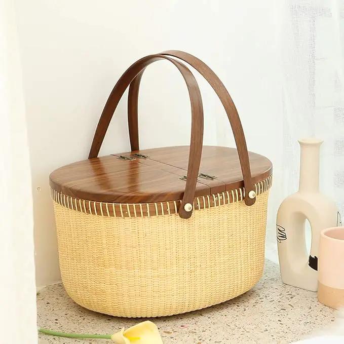 Nantucket Basket Crafts Cane-on-Cane Weave Picnic Basket Shopping Basket Basket Storage Basket Two Swing Handles (Black Walnut Activity Double Open) by GreenHaven Gardens