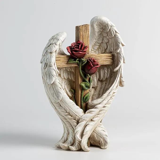 12" Angel Wings Embracing Cross and Rose Garden Statue Memorial Statue for Beloved one by GreenHaven Gardens