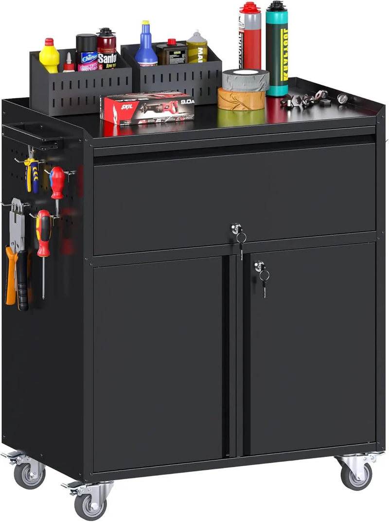 35.43'' H Metal Storage Cabinet on Wheels with 1 Drawer, Rolling Steel Garage Tools Cabinet with Side Pegboard &4 Hooks & 1 Adjustable Shelf for Garage,Shop,Home, Black, Assembly Required by GreenHaven Gardens