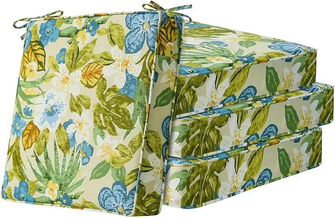 Square Corner Seat Cushions, 19" x 19" x 3", Set of 4, Indoor Outdoor Water Repellent Universal Chair Pads with Ties for Patio Furniture, Garden Dining Chairs, Blue Flower by GreenHaven Gardens