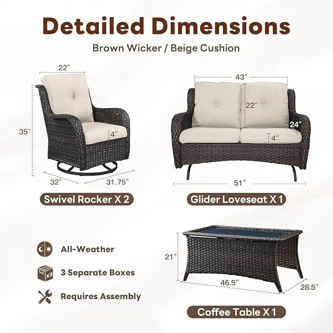 4 Piece Patio Furniture Set - Outdoor Glider Bench with Swivel Rocker Chairs and Coffee Table, High Back Small Outdoor Conversation Furniture Sets for Deck Sunroom Balcony Backyard by GreenHaven Gardens