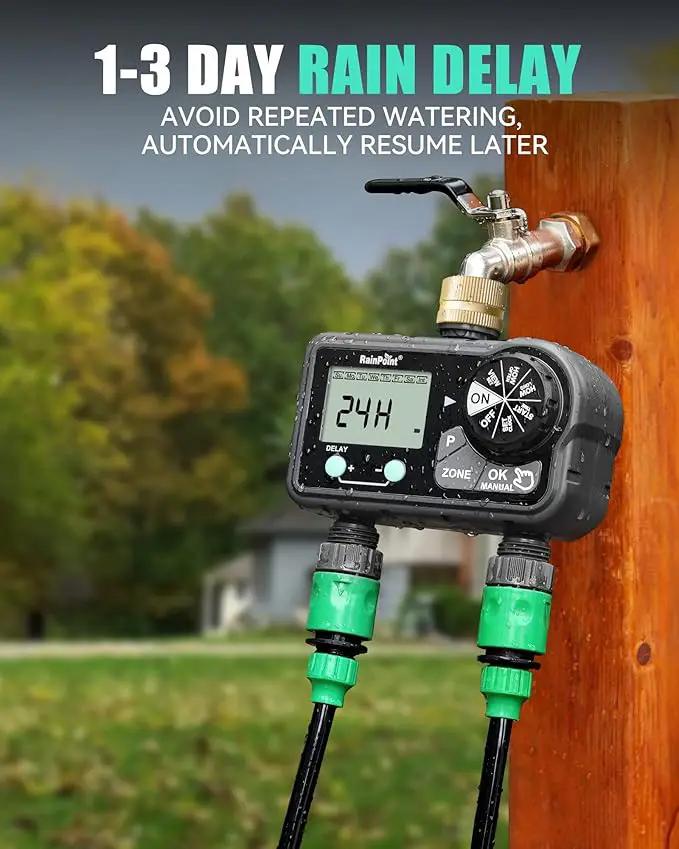RAINPOINT Brass Sprinkler Timer 2 Stations, Large Digital Water Timer for Garden Hose with 6 Programmable Procedure, with Delay/Manual/Auto Irrigation Mode for Week/Specific/Daily Watering by GreenHaven Gardens