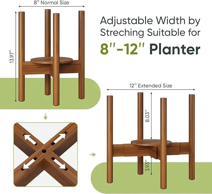Adjustable Plant Stand, Bamboo Plant Stand Indoor with Tray, Wood Plant Stand for 8 to 12 inches Flower Pots, Single Mid Century Modern Plant Stand for Indoor Plants, Walnut by GreenHaven Gardens