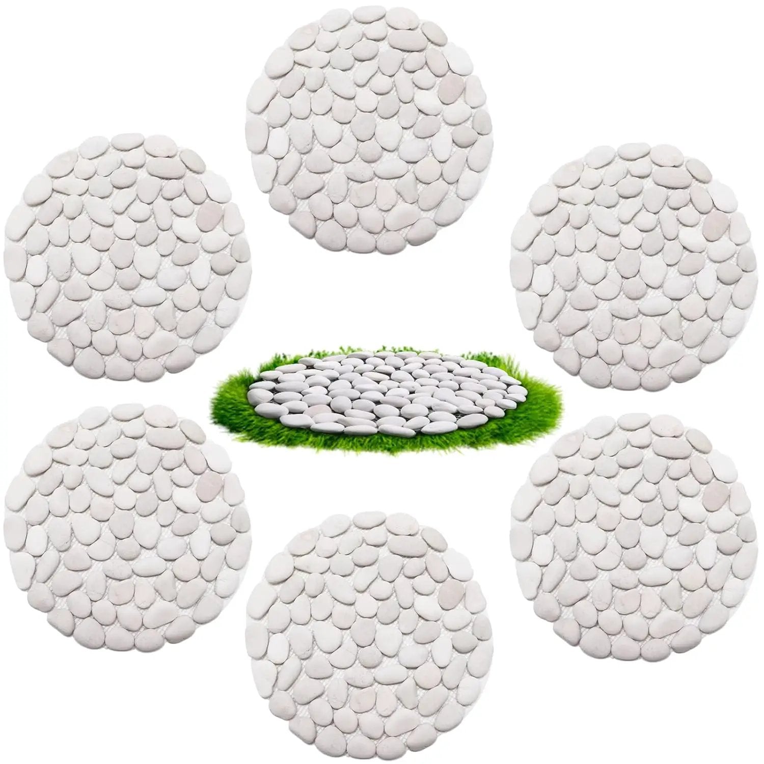 10in River Rock Stepping Stones Set - 6 Pack | Polished Pebble | Long-Lasting PVC Mesh Backing | Perfect for Garden Paths and Lawns Outdoor Landscaping Decoration | White Circle by GreenHaven Gardens